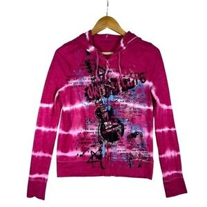 Y2K DKNY Jeans Full Zip Hoodie Pink Tie Dye Guitar Graphic Womens Retro Grunge